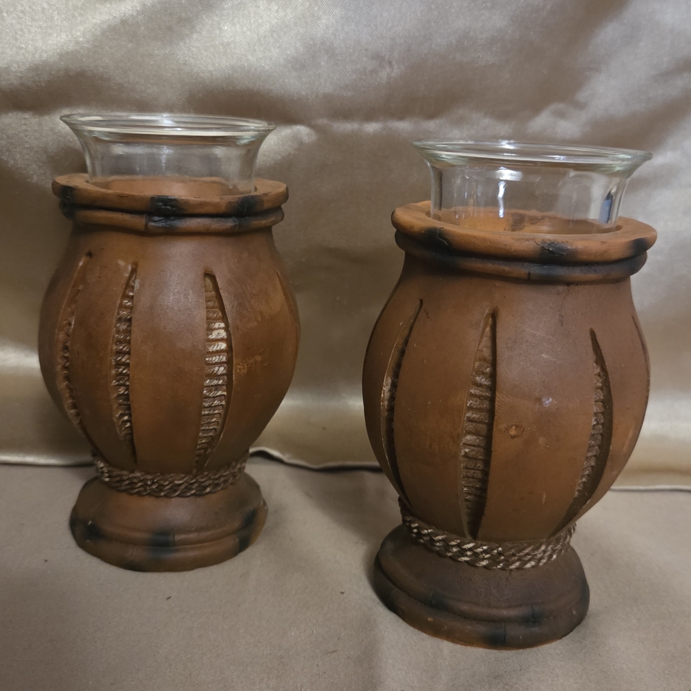 VTG Hand Carved Wood Votive Candle Holder Set W/ Glass Inserts Rustic Decor